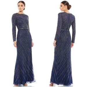 Mac Duggal 5240 Size 8 Long Sleeve Beaded Column Formal Evening Gown, Midnight